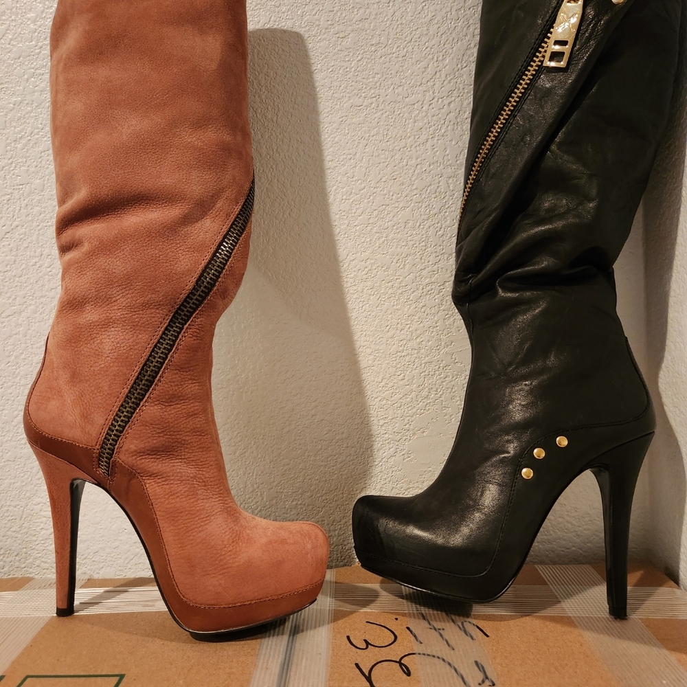 Stylish Women's Tan and Black High Heel Boots